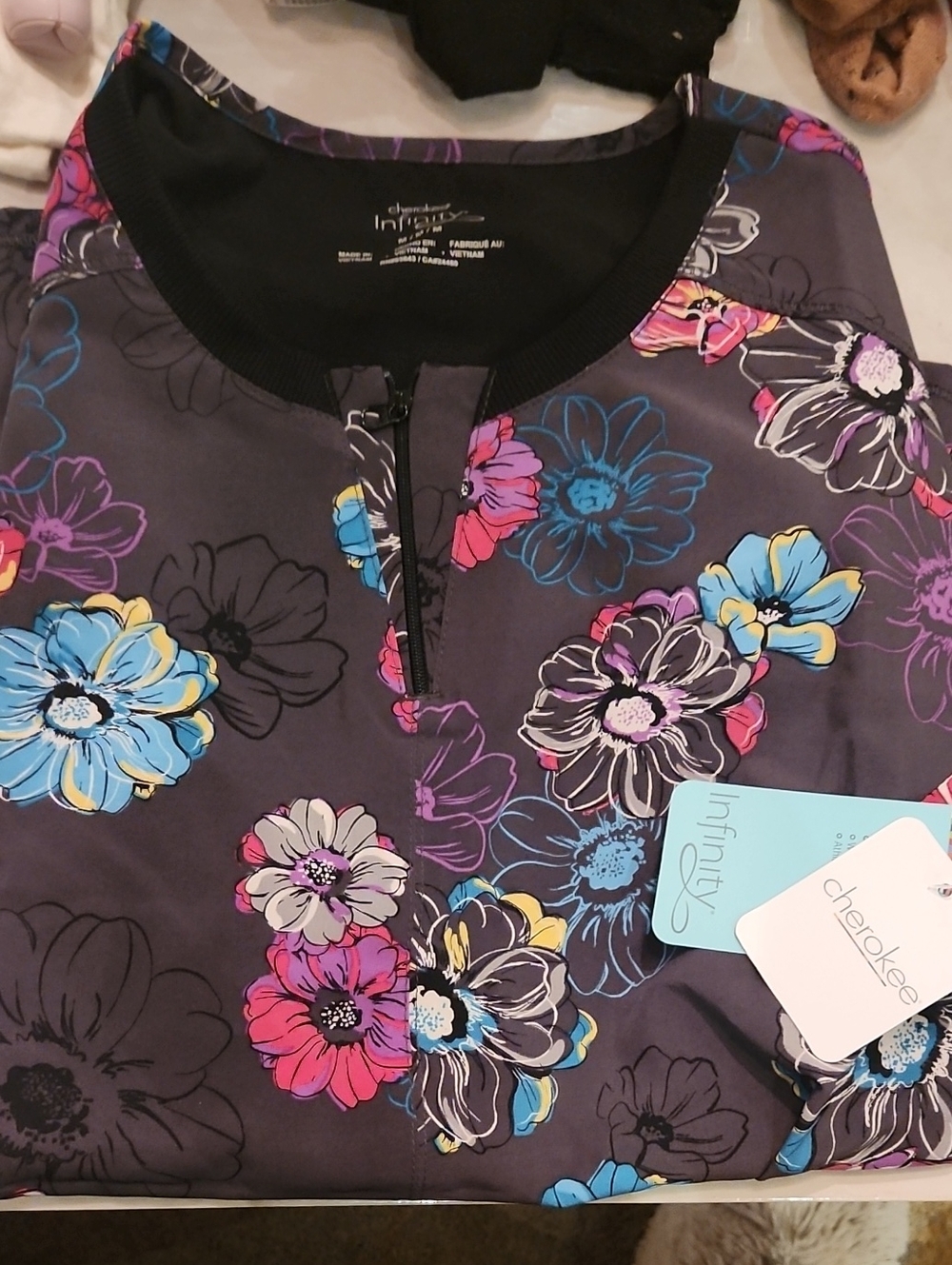 Cherokee Gray Floral Zip-Front Women's Scrub Top with Bright Accents